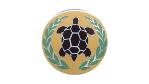 Gordon-Keeble logo 1964 tortoise emblem with laurel wreath on yellow background