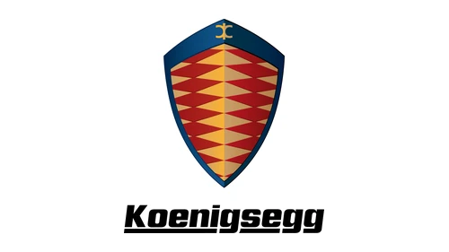 Koenigsegg logo from 1994: red and yellow diamond shield above the black wordmark
