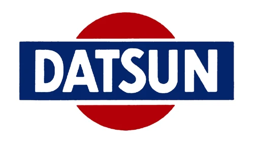 Datsun sun badge from the 1930s, red disc with a blue DATSUN bar, the origin of the Nissan logo