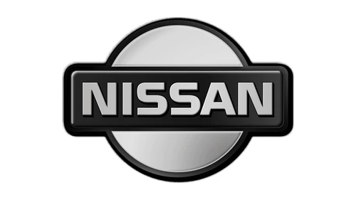 Chrome Nissan car badge, a solid silver disc crossed by a dark NISSAN banner