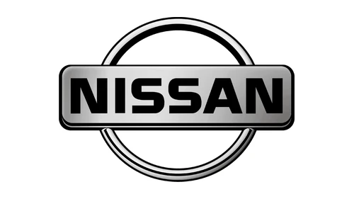 Nissan open-ring badge of the 1990s, thin chrome ring crossed by a wider NISSAN banner