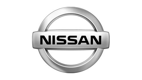 Nissan logo from 2001, a thick 3-D chrome ring crossed by a silver banner with black NISSAN letters