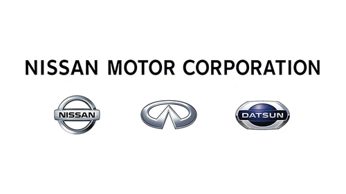 Steel-blue Nissan Motor Corporation logo with the Nissan, Infiniti and Datsun badges in a row