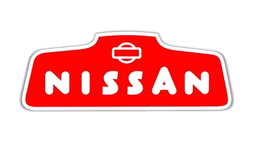 Old Nissan logo, red six-sided badge with a small sun-and-bar emblem and spaced white letters