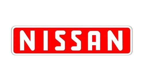 Nissan badge with bold white NISSAN capitals in a red rounded rectangle with a white frame