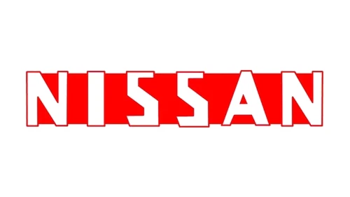 Red Nissan wordmark in square-cut angular capitals without a frame