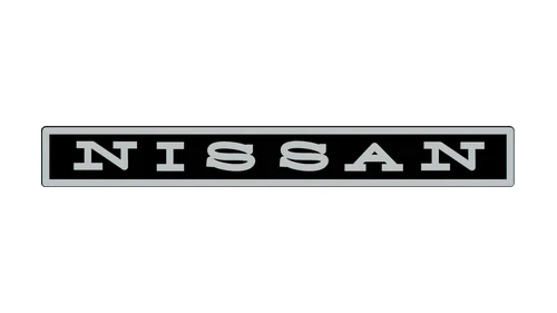 Nissan emblem with spaced silver serif capitals in a black rectangle with a silver border