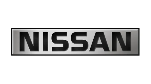 Nissan badge with heavy black sans-serif NISSAN letters on a silver plate