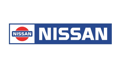 Nissan logo from 1983 by Pentagram, red sun and blue band with white NISSAN lettering