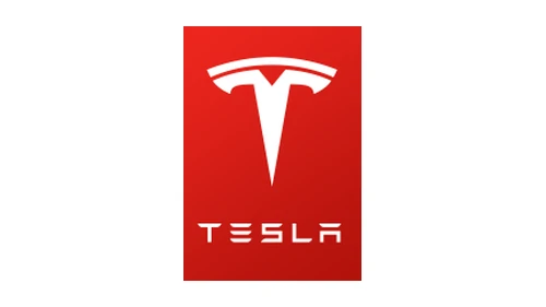 Tesla emblem from 2010: white T above the TESLA wordmark in a red block