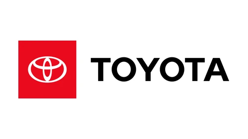 Toyota logo in North America: white emblem on a red square beside the wordmark